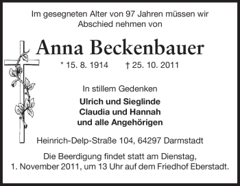 Traueranzeige von Anna Beckenbauer von Echo-Zeitungen (Gesamtausgabe)