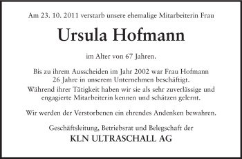Traueranzeige von Ursula Hofmann von Starkenburger Echo