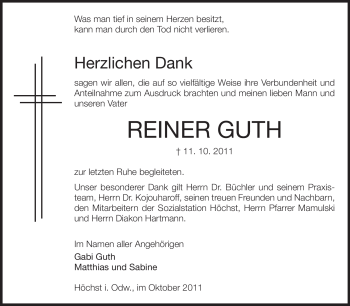 Traueranzeige von Reiner Guth von Odenwälder Echo