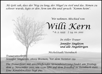 Traueranzeige von Willi Kern von Odenwälder Echo