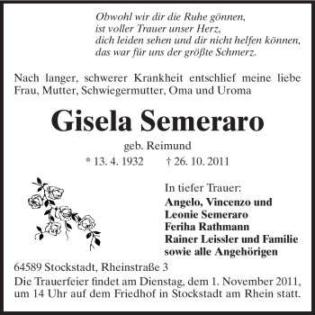 Traueranzeige von Gisela Semeraro von Echo-Zeitungen (Gesamtausgabe)