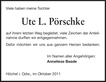 Traueranzeige von Ute L. Pörschke von Odenwälder Echo