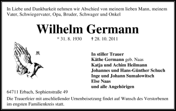 Traueranzeige von Wilhelm Germann von Odenwälder Echo