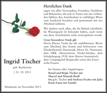 Traueranzeige von Ingrid Tischer von Echo-Zeitungen (Gesamtausgabe)