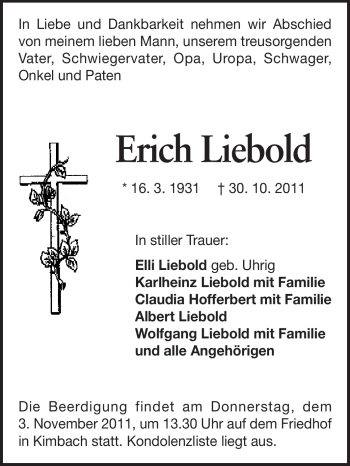 Traueranzeige von Erich Liebold von Odenwälder Echo