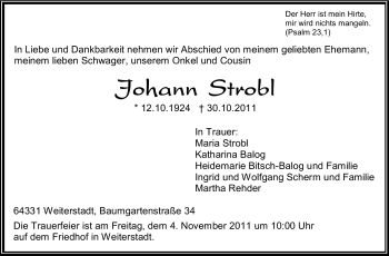 Traueranzeige von Johann Strobl von Echo-Zeitungen (Gesamtausgabe)