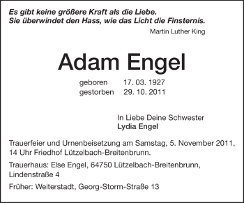 Traueranzeige von Adam Engel von Darmstädter Echo, Odenwälder Echo, Rüsselsheimer Echo, Groß-Gerauer-Echo, Ried Echo