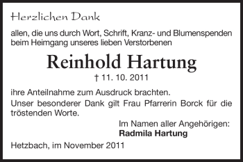 Traueranzeige von Reinhold Hartung von Odenwälder Echo