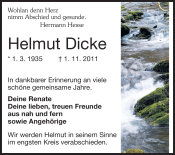 Traueranzeige von Helmut Dicke von Echo-Zeitungen (Gesamtausgabe)