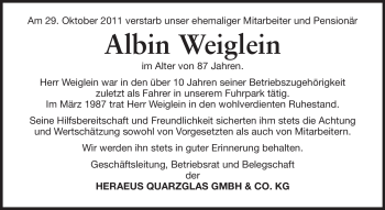 Traueranzeige von Albin Weiglein von Odenwälder Echo