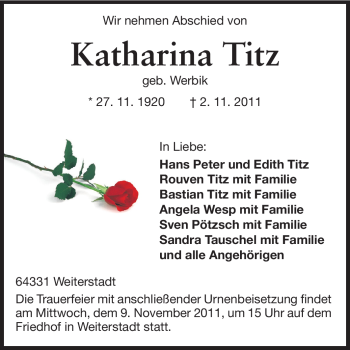 Traueranzeige von Katharina Titz von Echo-Zeitungen (Gesamtausgabe)