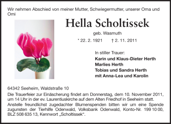 Traueranzeige von Hella Scholtissek von Echo-Zeitungen (Gesamtausgabe)