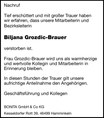 Traueranzeige von Bijana Grozdic-Brauer von Echo-Zeitungen (Gesamtausgabe)