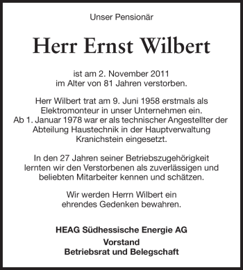 Traueranzeige von Ernst Wilbert von Echo-Zeitungen (Gesamtausgabe)