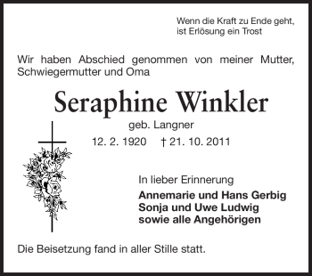 Traueranzeige von Seraphine Winkler von Odenwälder Echo