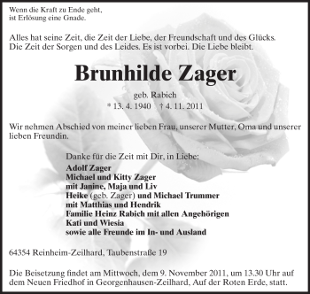 Traueranzeige von Brunhilde Zager von Darmstädter Echo, Odenwälder Echo, Rüsselsheimer Echo, Groß-Gerauer-Echo, Ried Echo