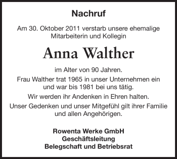 Traueranzeige von Anna Walther von Odenwälder Echo