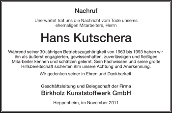 Traueranzeige von Hans Kutschera von Starkenburger Echo