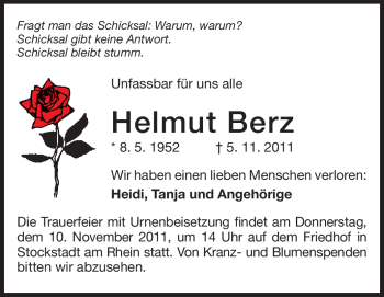 Traueranzeige von Helmut Berz von Rüsselsheimer Echo, Groß-Gerauer-Echo, Ried Echo