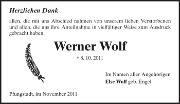 Traueranzeige von Werner Wolf von Echo-Zeitungen (Gesamtausgabe)