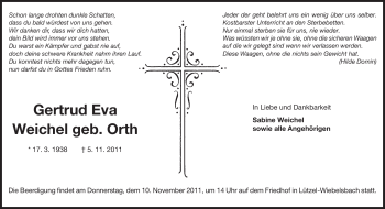 Traueranzeige von Gertrud Eva Weichel von Odenwälder Echo