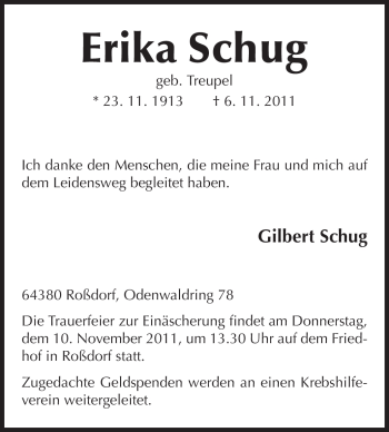 Traueranzeige von Erika Schug von Darmstädter Echo, Odenwälder Echo, Rüsselsheimer Echo, Groß-Gerauer-Echo, Ried Echo