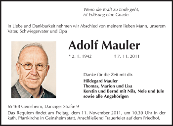 Traueranzeige von Adolf Mauler von Rüsselsheimer Echo, Groß-Gerauer-Echo, Ried Echo