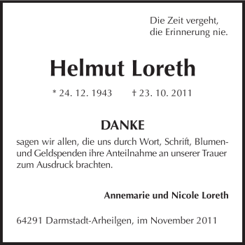 Traueranzeige von Helmut Loreth von Echo-Zeitungen (Gesamtausgabe)