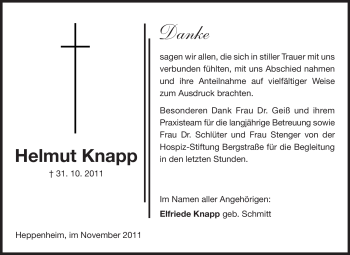 Traueranzeige von Helmut Knapp von Starkenburger Echo