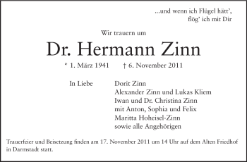Traueranzeige von Hermann Zinn von Echo-Zeitungen (Gesamtausgabe)