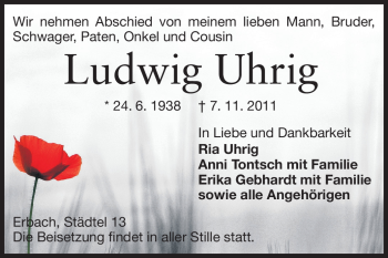 Traueranzeige von Ludwig Uhrig von Odenwälder Echo