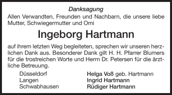 Traueranzeige von Ingeborg Hartmann von Rüsselsheimer Echo, Groß-Gerauer-Echo, Ried Echo