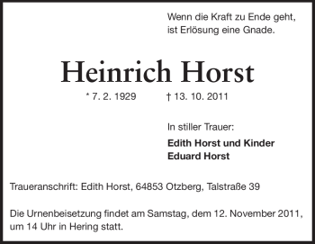 Traueranzeige von Heinrich Horst von Echo-Zeitungen (Gesamtausgabe)
