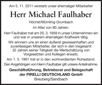 Traueranzeige von Michael Faulhaber von Odenwälder Echo