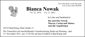 Traueranzeige von Bianca Nowak von Odenwälder Echo