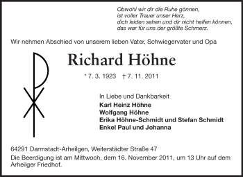 Traueranzeige von Richard Höhne von Echo-Zeitungen (Gesamtausgabe)