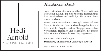 Traueranzeige von Hedi Arnold von Starkenburger Echo