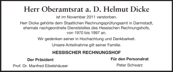 Traueranzeige von Helmut Dicke von Echo-Zeitungen (Gesamtausgabe)