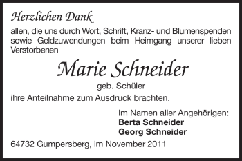 Traueranzeige von Marie Schneider von Odenwälder Echo