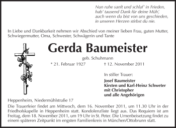Traueranzeige von Gerda Baumeister von Starkenburger Echo