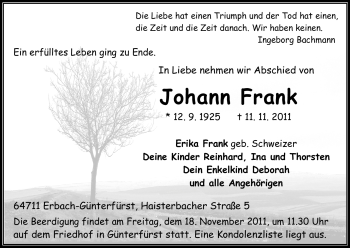 Traueranzeige von Johann Frank von Odenwälder Echo