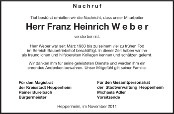 Traueranzeige von Franz Heinrich Weber von Starkenburger Echo