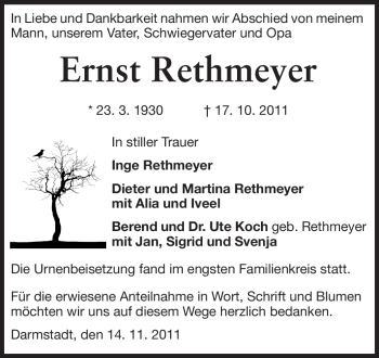 Traueranzeige von Ernst Rethmeyer von Darmstädter Echo, Odenwälder Echo, Rüsselsheimer Echo, Groß-Gerauer-Echo, Ried Echo