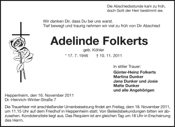 Traueranzeige von Adelinde Folkerts von Starkenburger Echo
