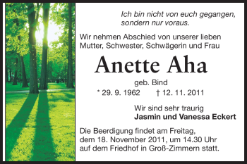 Traueranzeige von Anette Aha von Echo-Zeitungen (Gesamtausgabe)