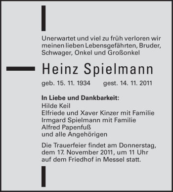 Traueranzeige von Heinz Spielmann von Echo-Zeitungen (Gesamtausgabe)