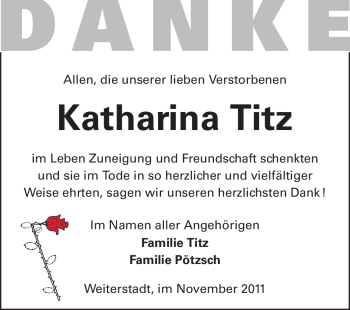 Traueranzeige von Katharina Titz von Echo-Zeitungen (Gesamtausgabe)