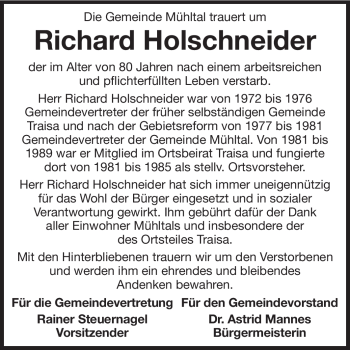 Traueranzeige von Richard Holschneider von Echo-Zeitungen (Gesamtausgabe)