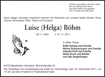 Traueranzeige von Luise Helga Böhm von Odenwälder Echo