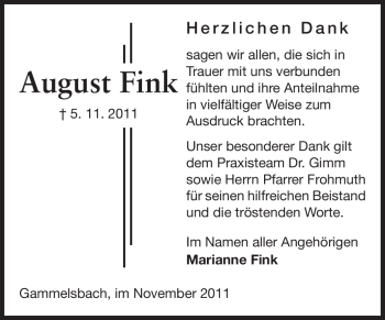 Traueranzeige von August Fink von Odenwälder Echo